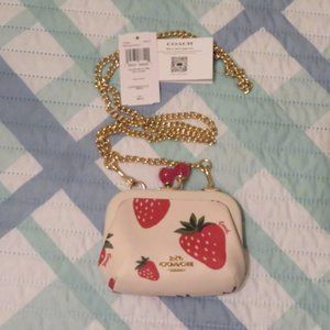 New COACH Nora Kisslock Coin Wallet Crossbody Bag Strawberry Print